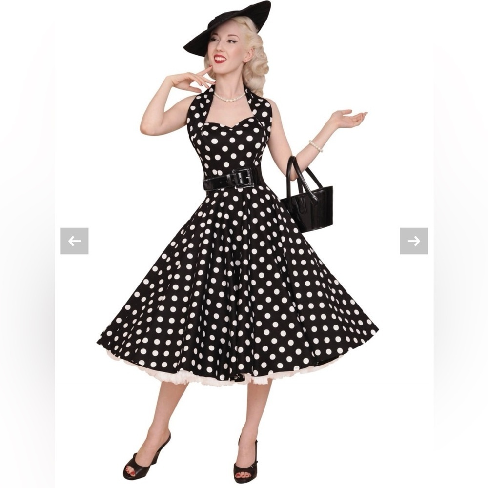 Vivien of Holloway 1950s Halterneck Black White Polkadot Dress Size: S Retro